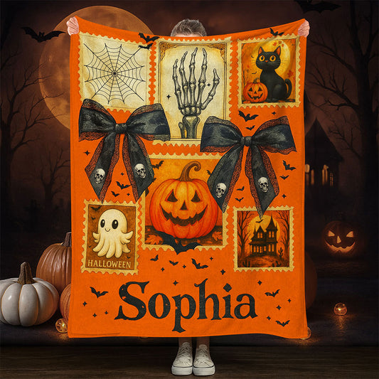 Personalized Spooky Season Blanket, Vintage Halloween Ghost Blanket QFTO5050701
