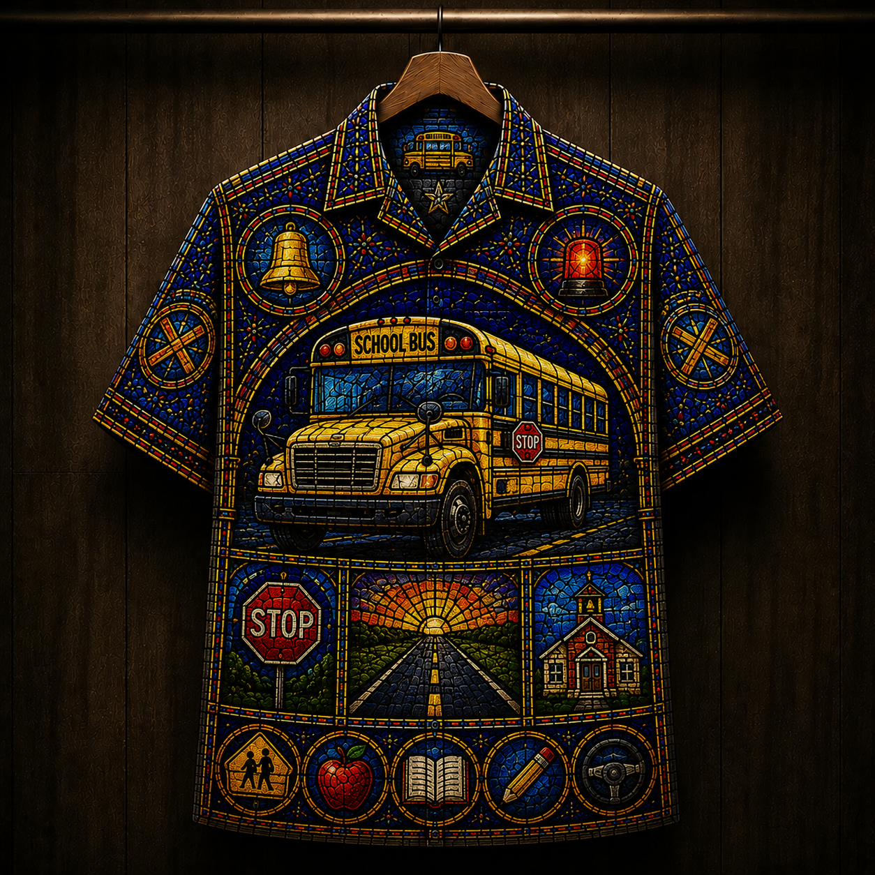 School Bus Stained Glass Hawaiian Shirt - Unisex Cathedral Window QFND6160622