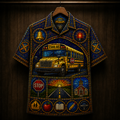 School Bus Stained Glass Hawaiian Shirt - Unisex Cathedral Window QFND6160622