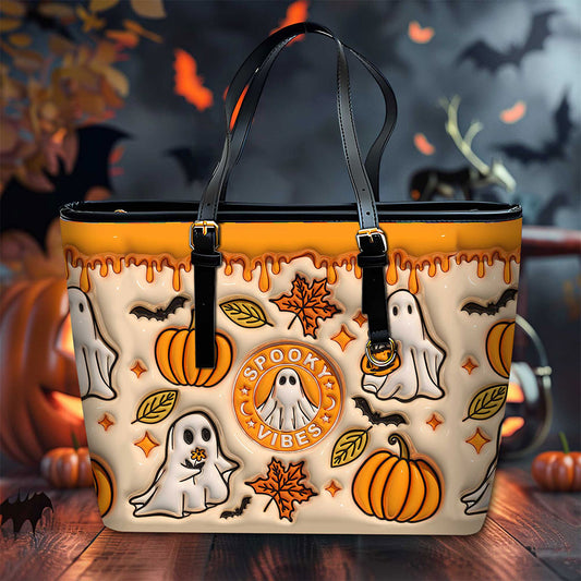 Spooky Vibe Print 3D Inflated Leather Tote Bag, Halloween Gift QFTO4310703