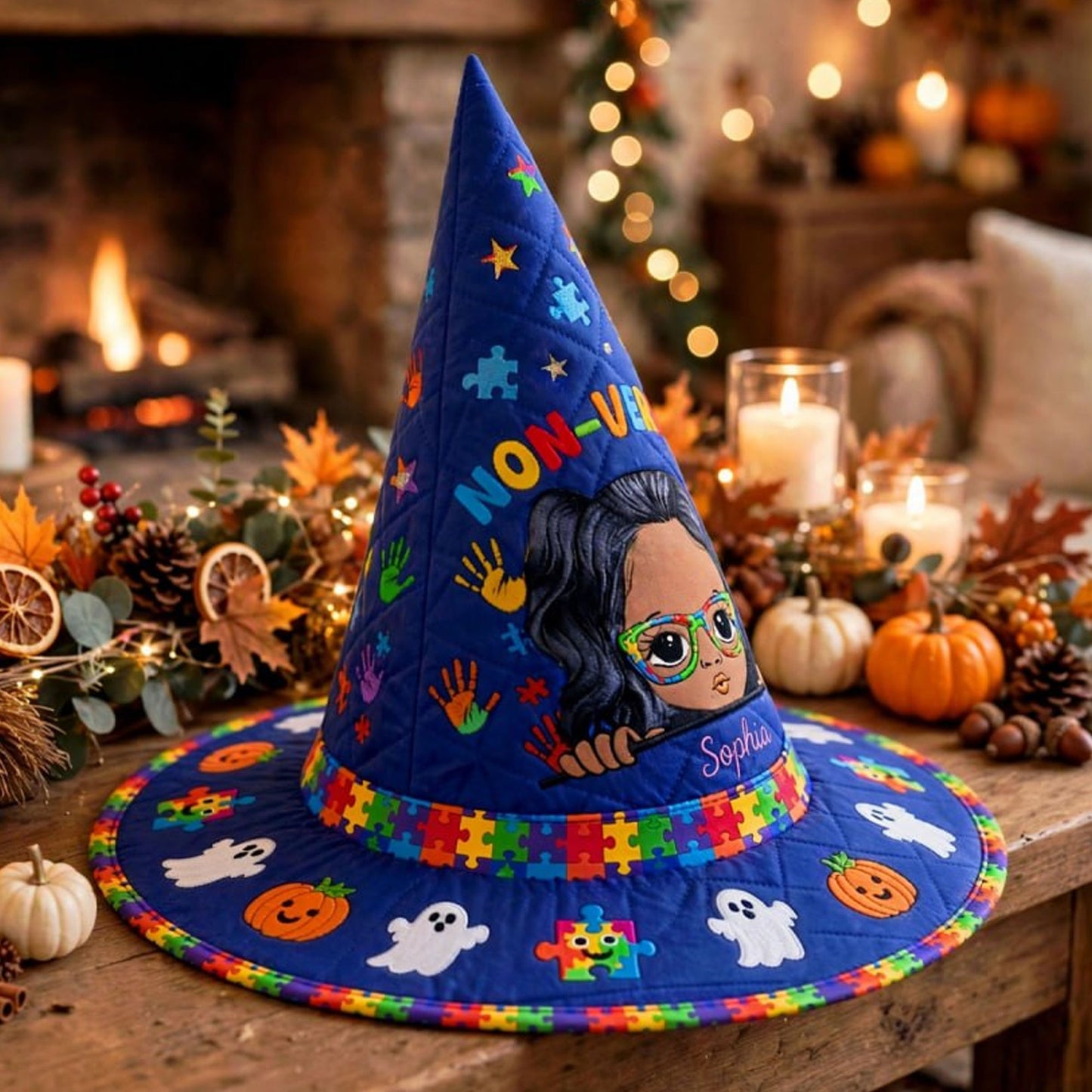 Personalized Autism Witch Quilted Witch Hat, Non Verbal Halloween Autism Witch Hat, Autism Kid Halloween Hooded Cloak, Autism Kids Witchy Collection NPND6030907