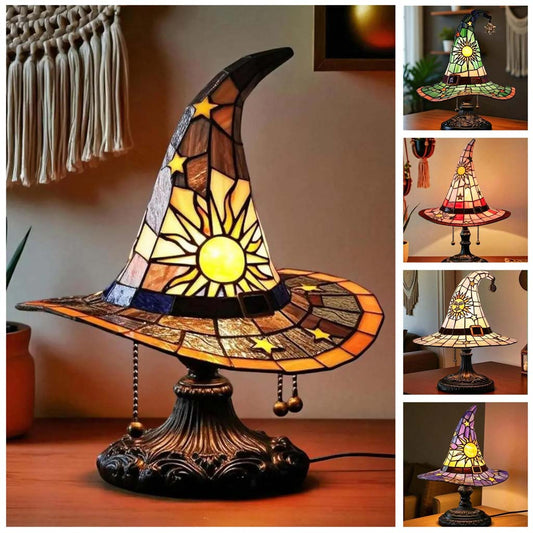 Stained Glass Witch Hat Lamp, Halloween LED Desk Light for Home Bar Cafe Decor, Vintage Table Lamp, Housewarming Gift, Fall Holidays Accent QFTD5150805