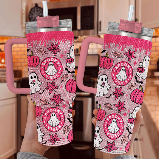 Ghost 40Oz Rhinestone Tumbler, Ghost Coffee, Spooky Vibes Tumbler, Halloween Gift QFTO4140803