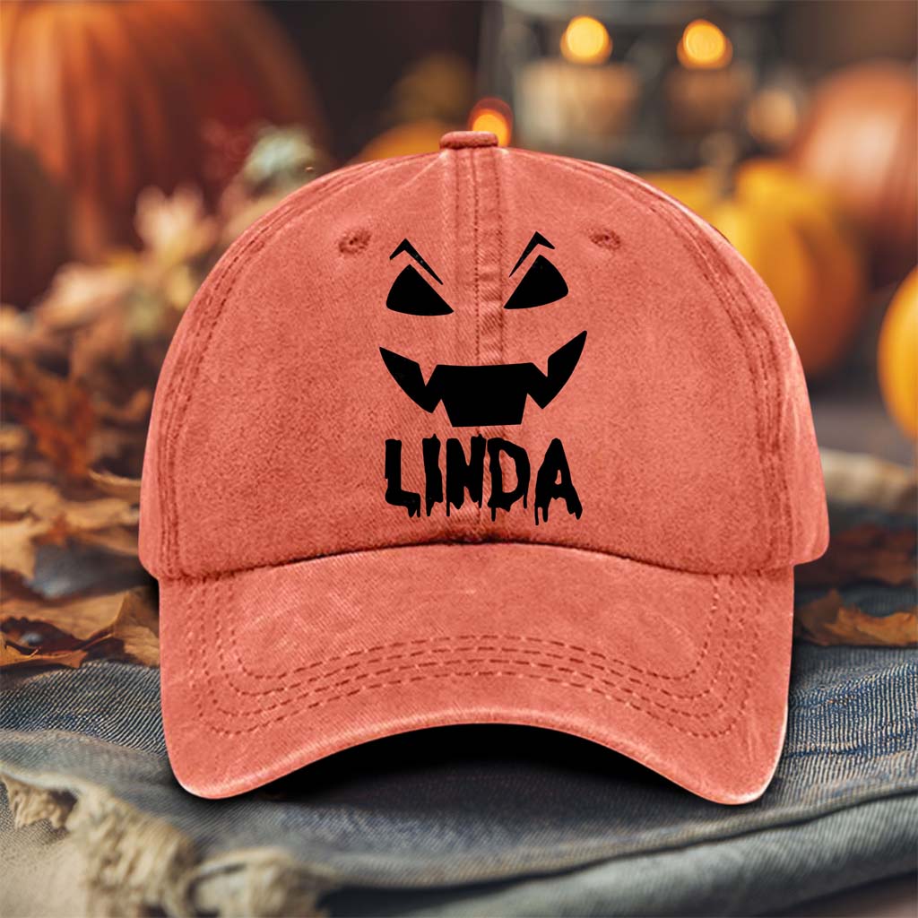 Personalized Jack O Lantern Pumpkin Halloween Distressed Washed Cotton Printed Hat QFTD5020702