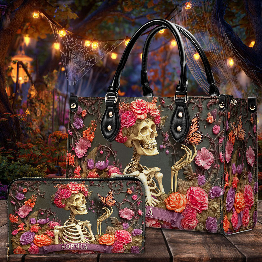Personalized Skull Flower Halloween Leather Handbag UKTO5050902