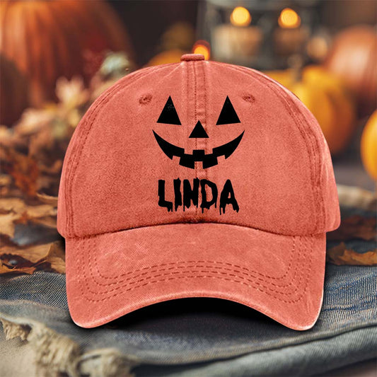 Personalized Jack O Lantern Pumpkin Halloween Distressed Washed Cotton Printed Hat QFTD5020701