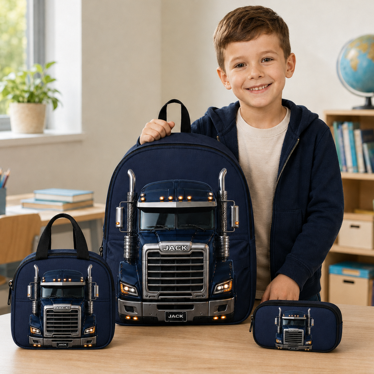 Personalized Truck Backpack Set for Boys, Custom Name Semi Truck School Bag, Lunch Bag & Pencil Case QFTD6150809