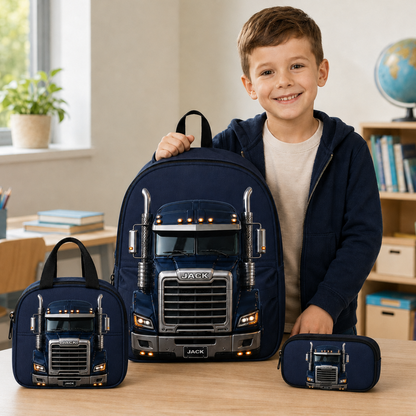 Personalized Truck Backpack Set for Boys, Custom Name Semi Truck School Bag, Lunch Bag & Pencil Case QFTD6150809