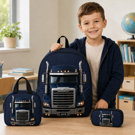 Personalized Truck Backpack Set for Boys, Custom Name Semi Truck School Bag, Lunch Bag & Pencil Case QFTD6150809
