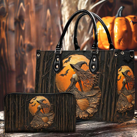 Halloween Witch Print 3D Leather Handbag, Fall Leather Handbag & Wallet QFTD4050901