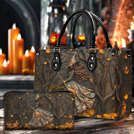 Personalized Halloween Witch Print 3D Leather Handbag, Fall Leather Handbag & Wallet QFTD4260801