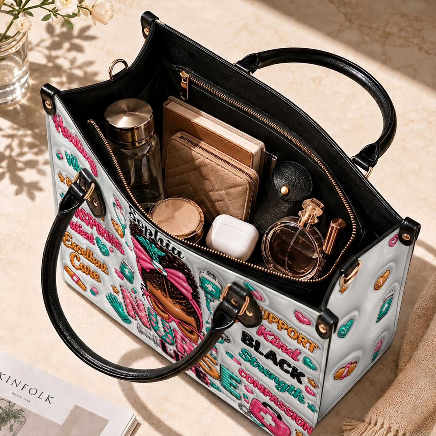 Personalized Black Nurse Woman Leather Handbag UKND6050603