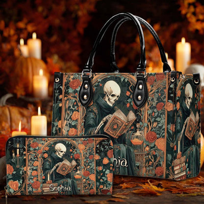 Personalized Gothic Skeleton Reading Book PU Leather Handbag QFHM5110901