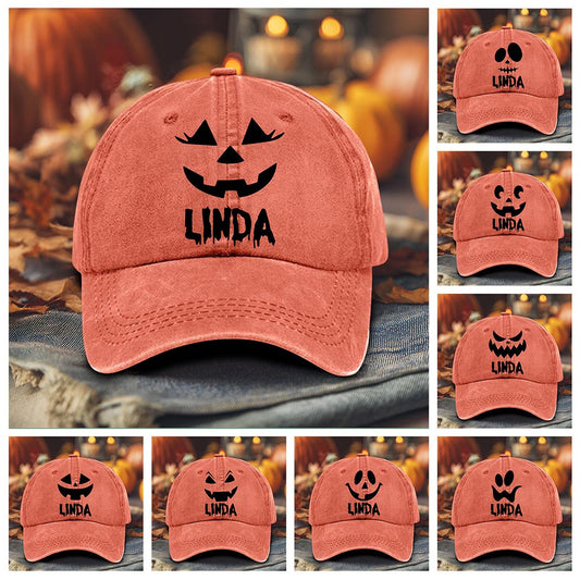 Personalized Jack O Lantern Pumpkin Halloween Distressed Washed Cotton Printed Hat QFTD5020702