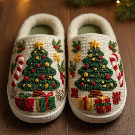 3D Printed Knit-Effect Christmas Tree Cotton Slippers QFTD5141001