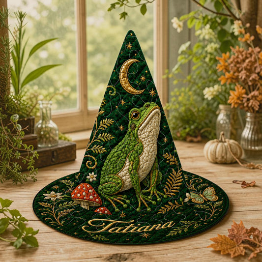 Vintage Green Frog Moon Quilted Witch Hat, Halloween Costume, Spooky Season Party Hat, Witchy Accessory, Halloween Gift QFUU6190811