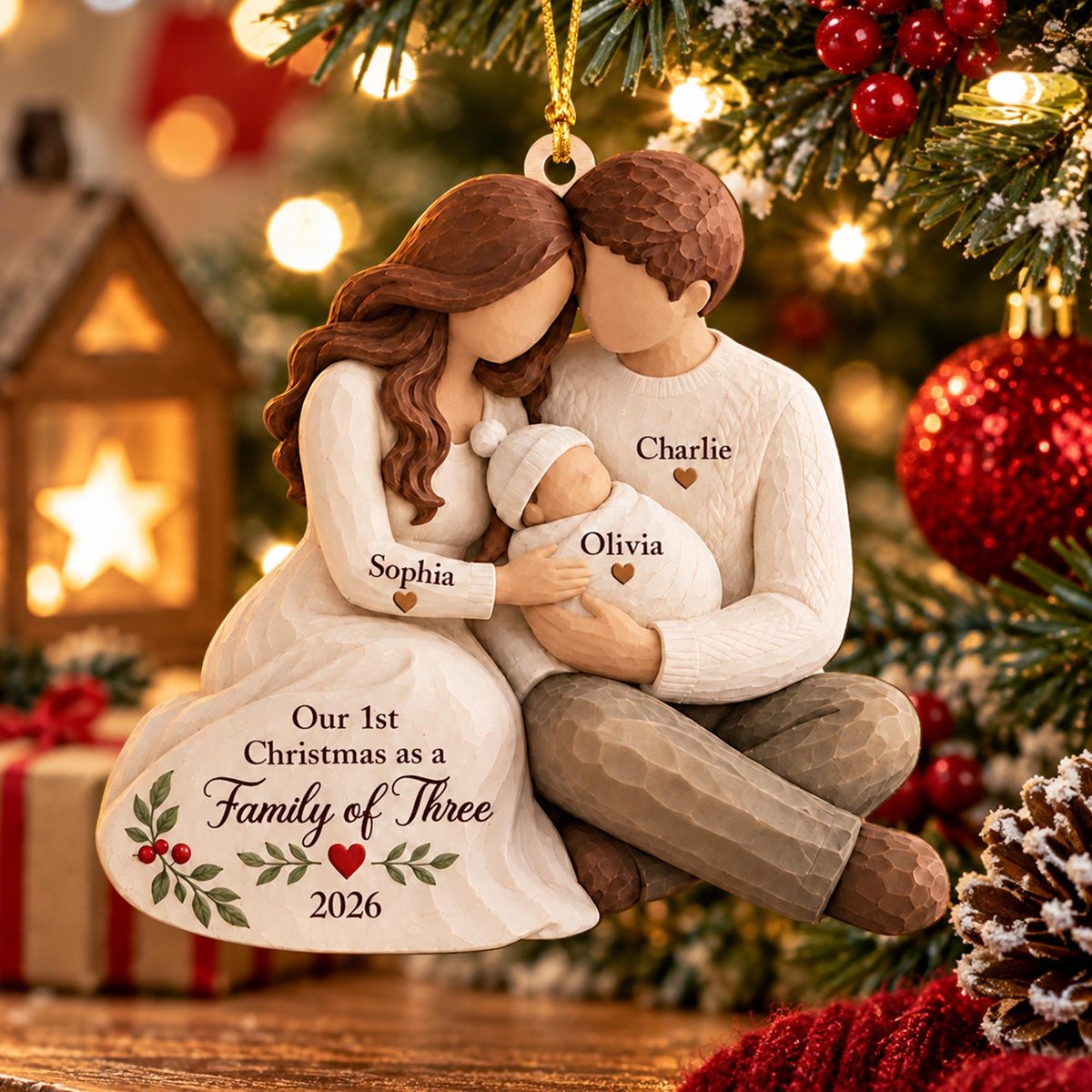 Personalized Our First Christmas as a Family of Three Wooden Ornament, New Baby Parents Tree Hanging Decor, New Dad Mom Gift QFHA6230901