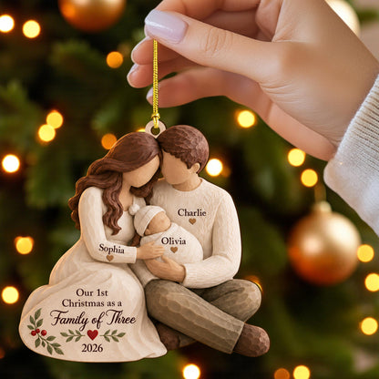 Personalized Our First Christmas as a Family of Three Wooden Ornament, New Baby Parents Tree Hanging Decor, New Dad Mom Gift QFHA6230901