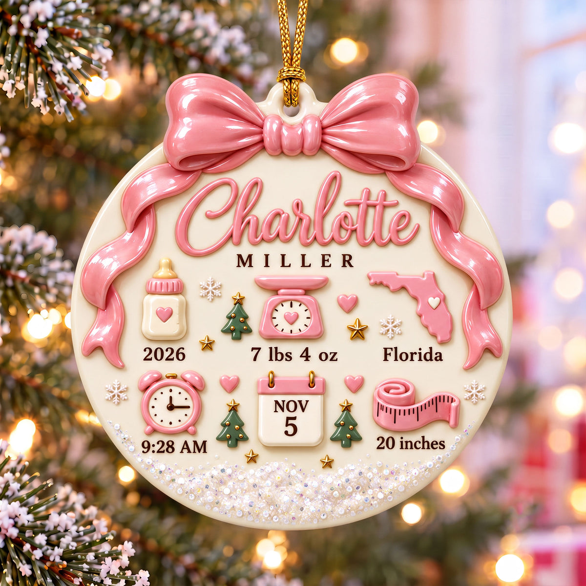 Personalized Baby Birth Announcement 3D Relief Ornament, Baby's First Christmas 2026 Ornament QFPY6121002