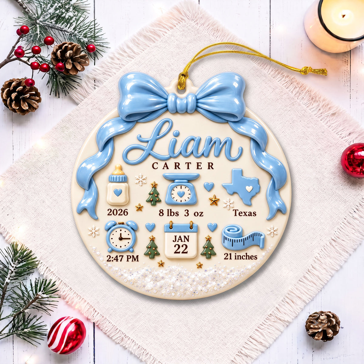 Personalized Baby Birth Announcement 3D Relief Ornament, Baby's First Christmas 2026 Ornament QFPY6121002