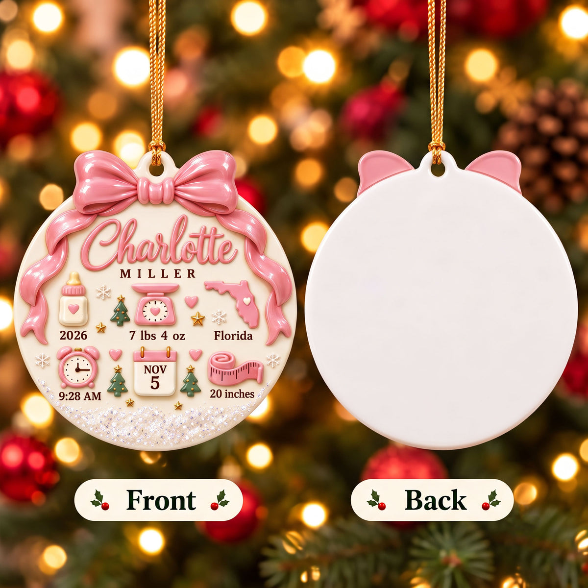 Personalized Baby Birth Announcement 3D Relief Ornament, Baby's First Christmas 2026 Ornament QFPY6121002