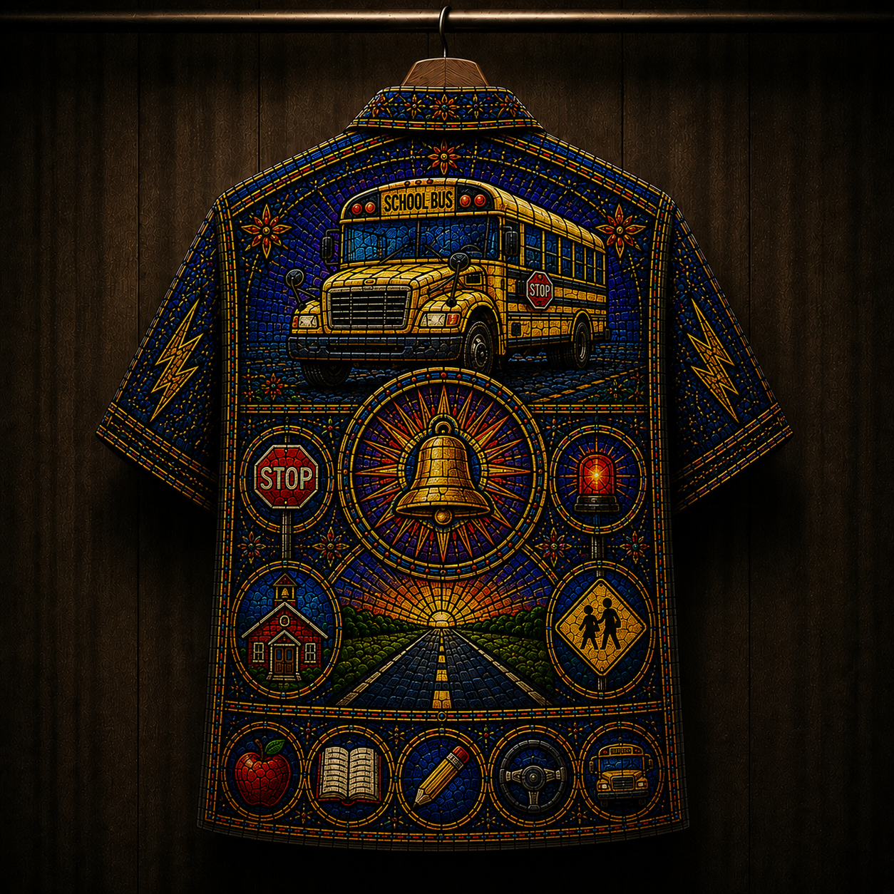 School Bus Stained Glass Hawaiian Shirt - Unisex Cathedral Window QFND6160622