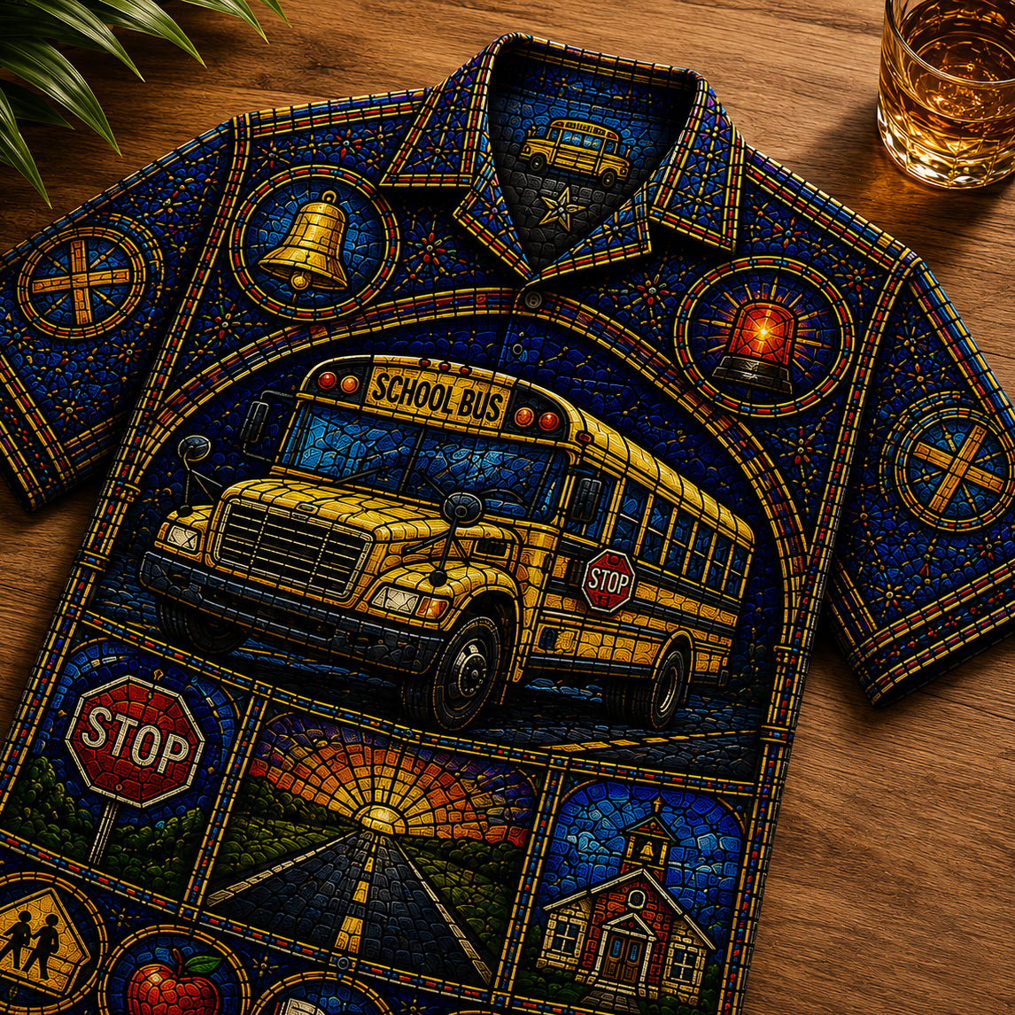 School Bus Stained Glass Hawaiian Shirt - Unisex Cathedral Window QFND6160622