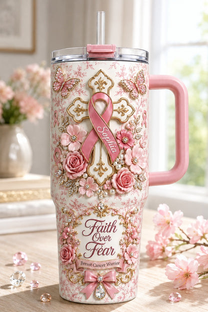 Personalized Breast Cancer 40 Oz Tumbler, Faith Over Fear Tumbler, Pink Ribbon Christian Gift, Breast Cancer Warrior Gift QFTD6110802