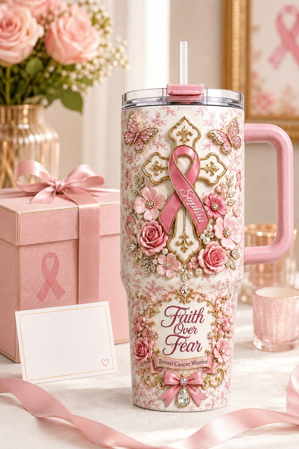 Personalized Breast Cancer 40 Oz Tumbler, Faith Over Fear Tumbler, Pink Ribbon Christian Gift, Breast Cancer Warrior Gift QFTD6110802