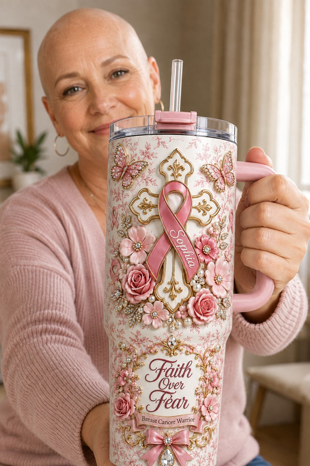 Personalized Breast Cancer 40 Oz Tumbler, Faith Over Fear Tumbler, Pink Ribbon Christian Gift, Breast Cancer Warrior Gift QFTD6110802