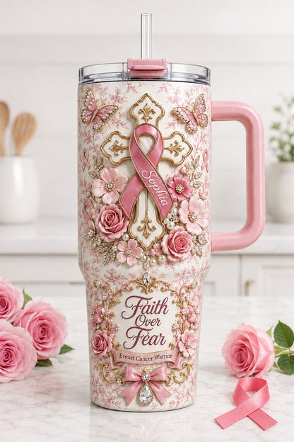 Personalized Breast Cancer 40 Oz Tumbler, Faith Over Fear Tumbler, Pink Ribbon Christian Gift, Breast Cancer Warrior Gift QFTD6110802