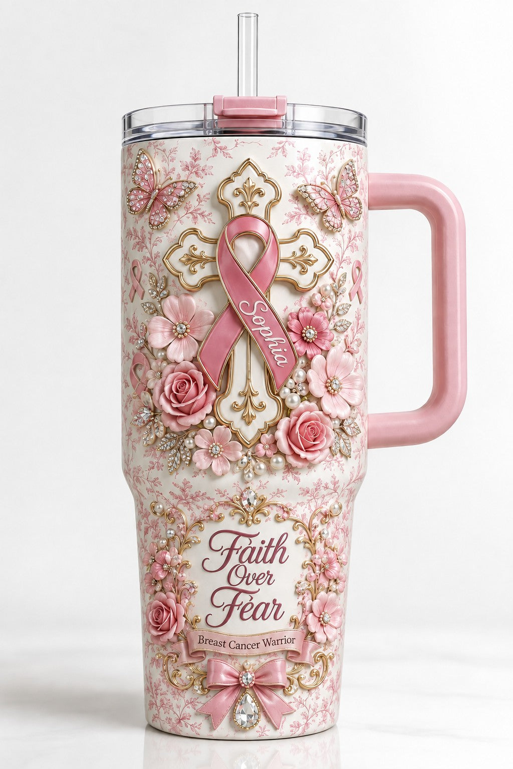Personalized Breast Cancer 40 Oz Tumbler, Faith Over Fear Tumbler, Pink Ribbon Christian Gift, Breast Cancer Warrior Gift QFTD6110802