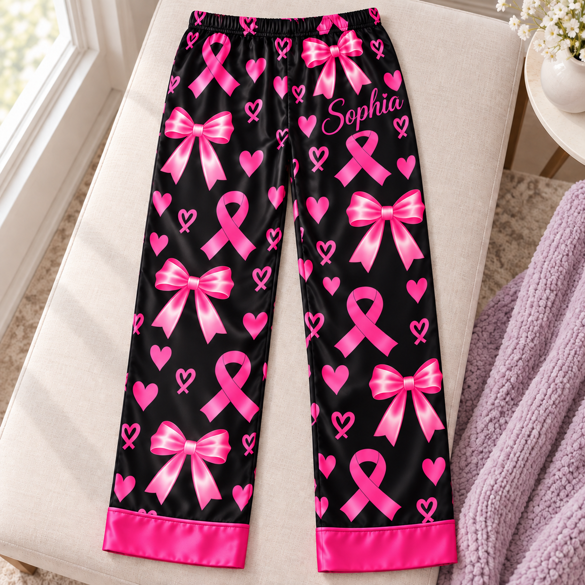 Personalized Breast Cancer Awareness Satin Pajama Set UKHA6061001