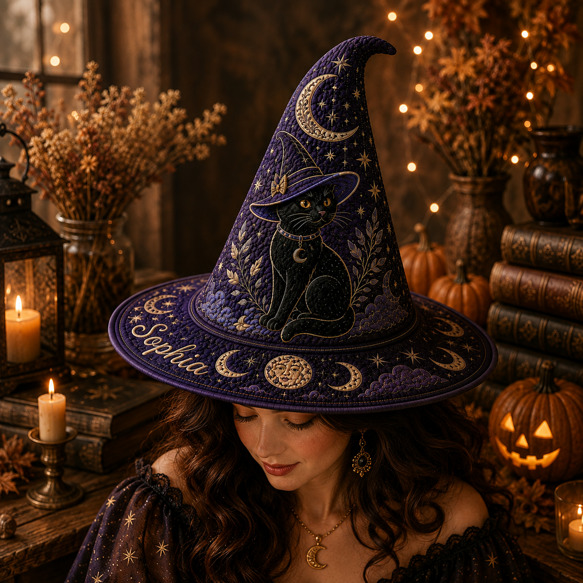 Personalized Black Cat Halloween Quilted Witch Hat UKND6070812