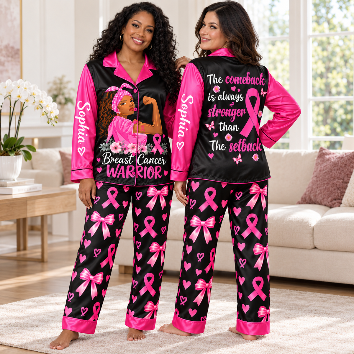Personalized Breast Cancer Awareness Satin Pajama Set UKHA6061001