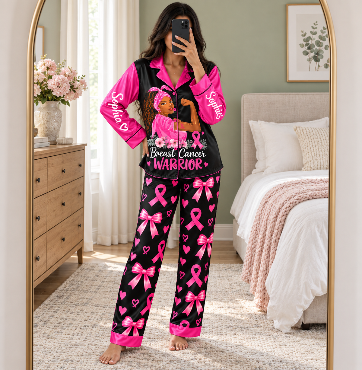 Personalized Breast Cancer Awareness Satin Pajama Set UKHA6061001