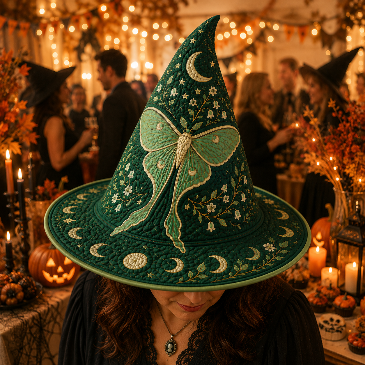 Personalized Luna Moth Quilted Witch Hat, Celestial Moon Phase Halloween Decor UKND6070811