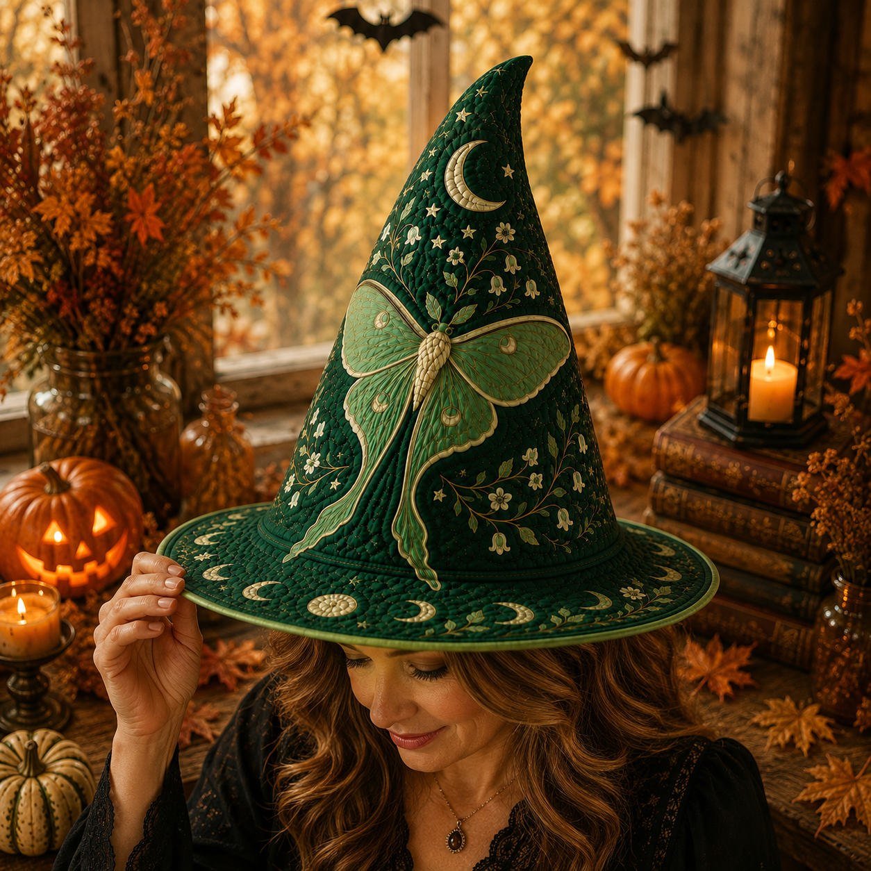 Personalized Luna Moth Quilted Witch Hat, Celestial Moon Phase Halloween Decor UKND6070811