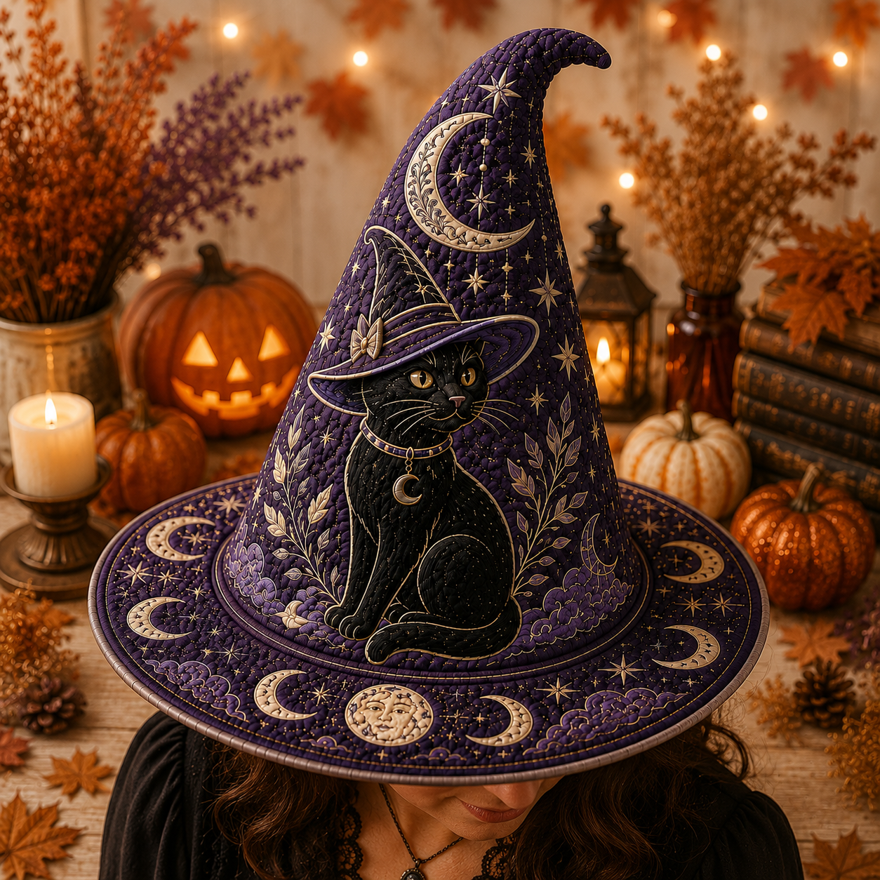 Personalized Black Cat Halloween Quilted Witch Hat UKND6070812