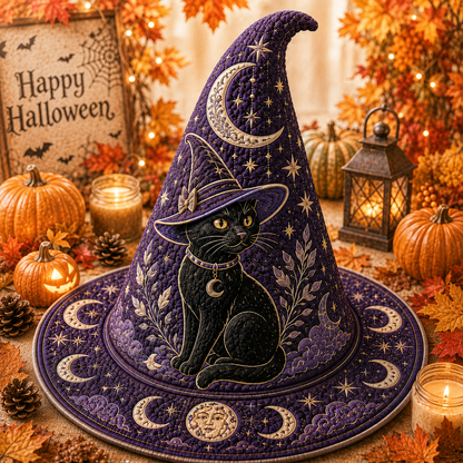 Personalized Black Cat Halloween Quilted Witch Hat UKND6070812