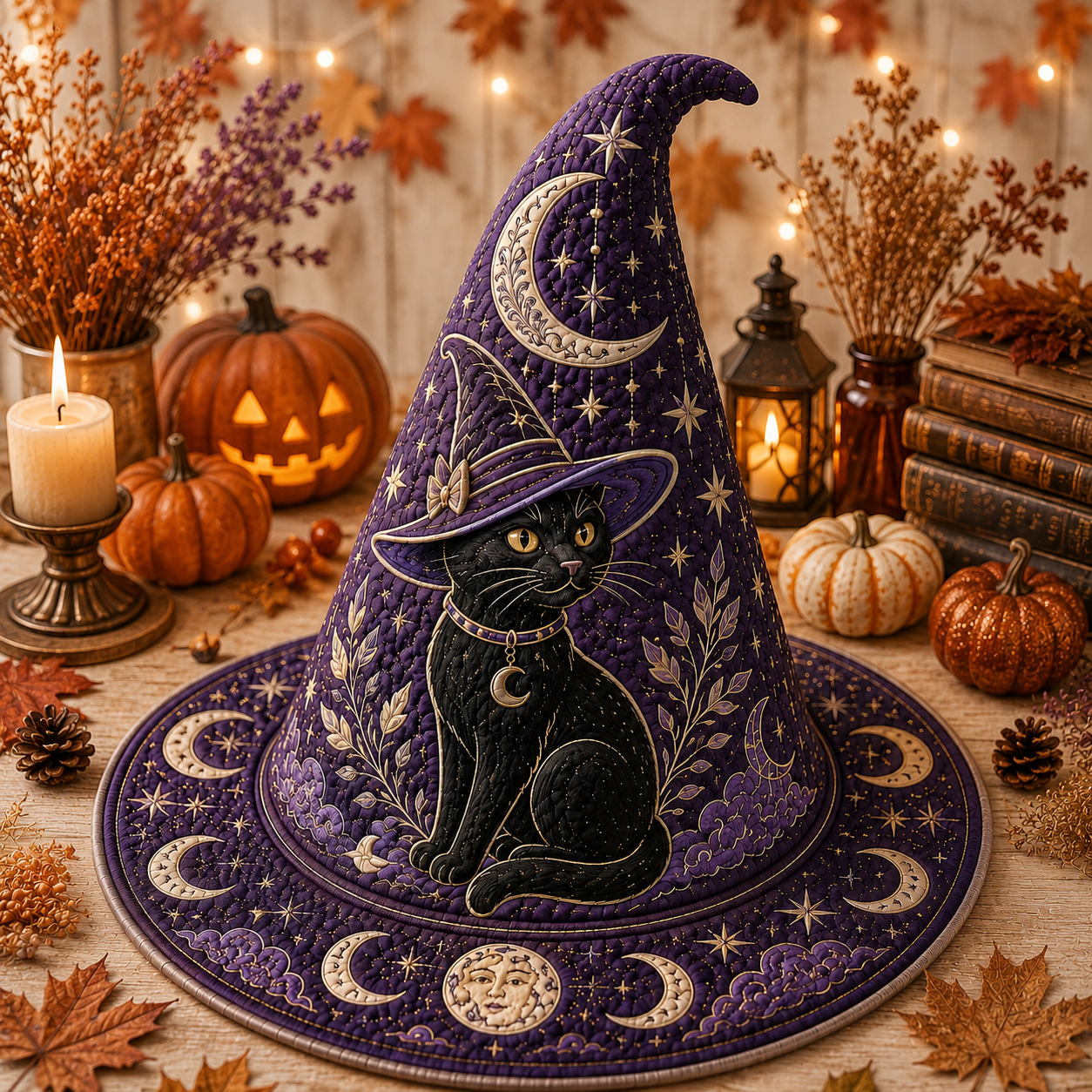 Personalized Black Cat Halloween Quilted Witch Hat UKND6070812