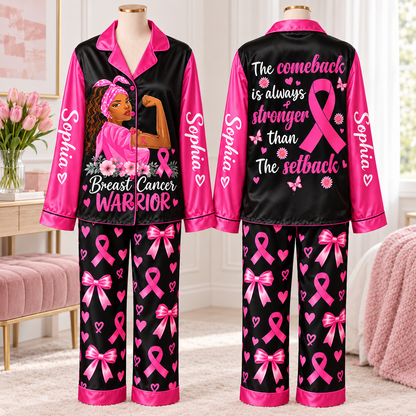 Personalized Breast Cancer Awareness Satin Pajama Set UKHA6061001